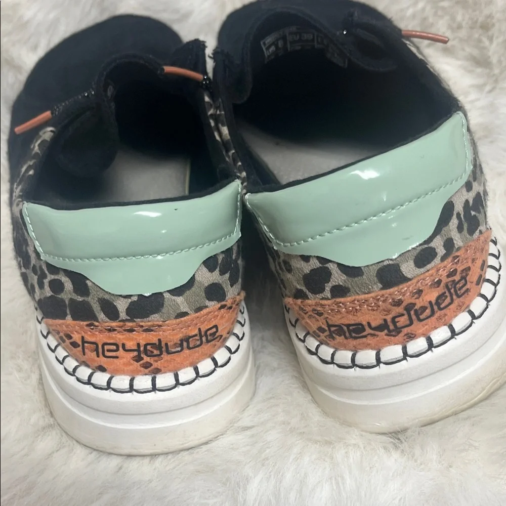 Hey Dude Black Slip-On Sneakers with Leopard and Mint Accents - Picture 4 of 6